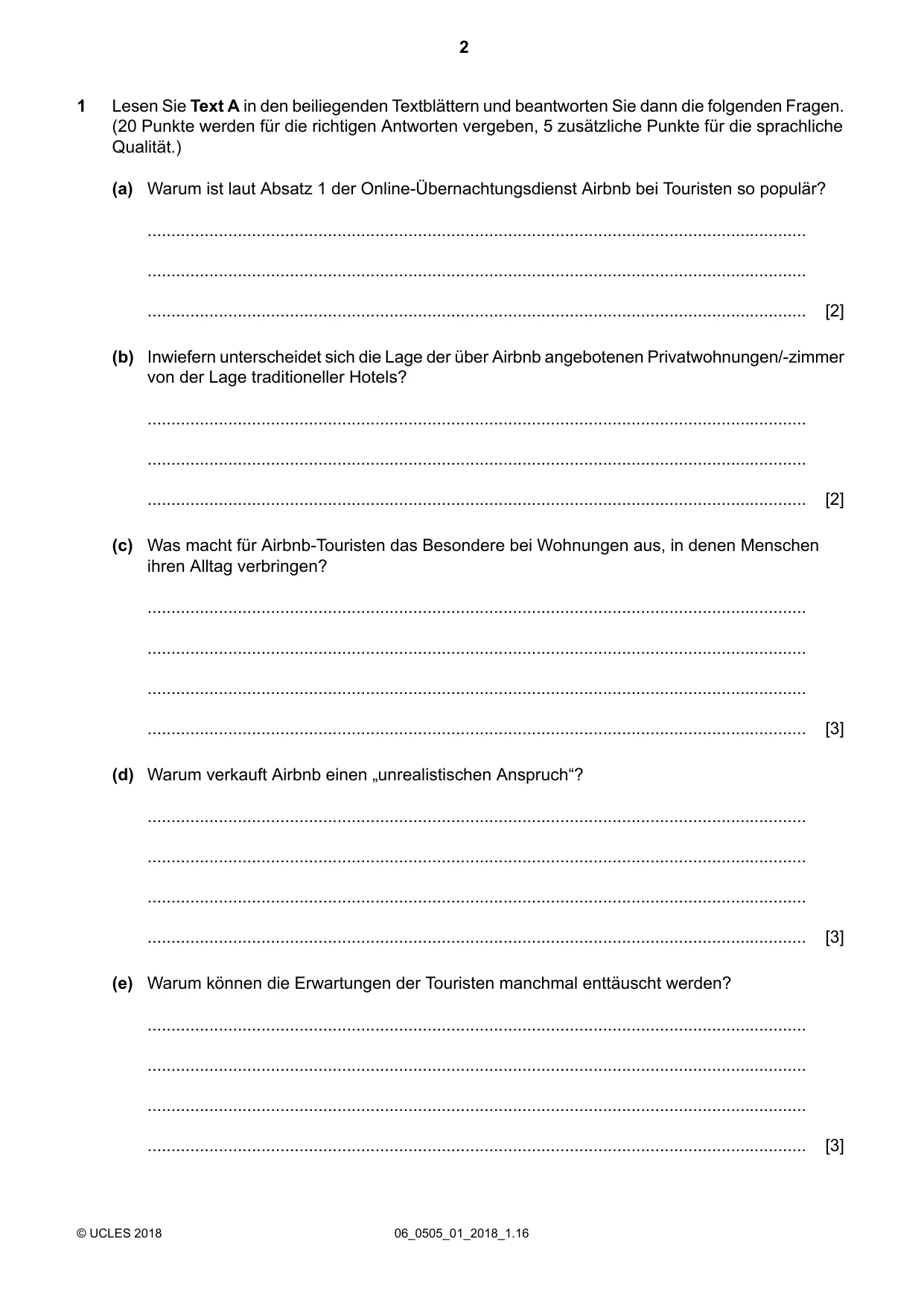 Cambridge IGCSE German - First Language 0505 2018 May/June Paper 1 · Variant 0 question paper, page 2 of 8