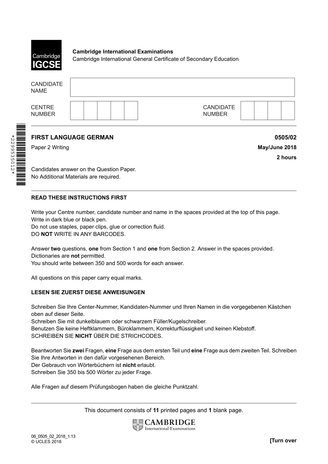 Cambridge IGCSE German - First Language 0505 2018 May/June Paper 2 · Variant 0 question paper, page 1 of 12