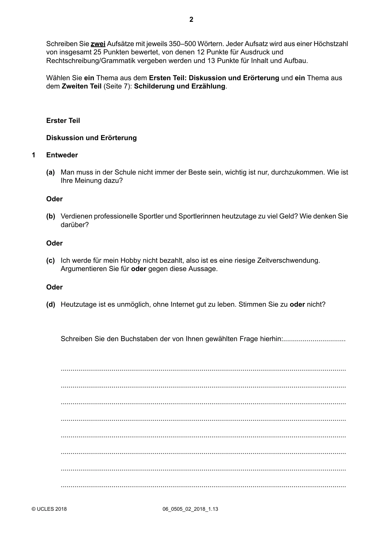 Cambridge IGCSE German - First Language 0505 2018 May/June Paper 2 · Variant 0 question paper, page 2 of 12