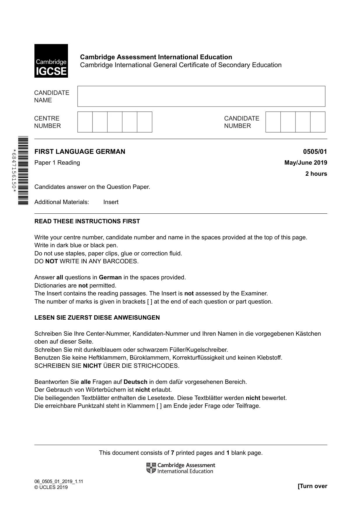 Cambridge IGCSE German - First Language 0505 2019 May/June Paper 1 · Variant 1 question paper, page 1 of 8