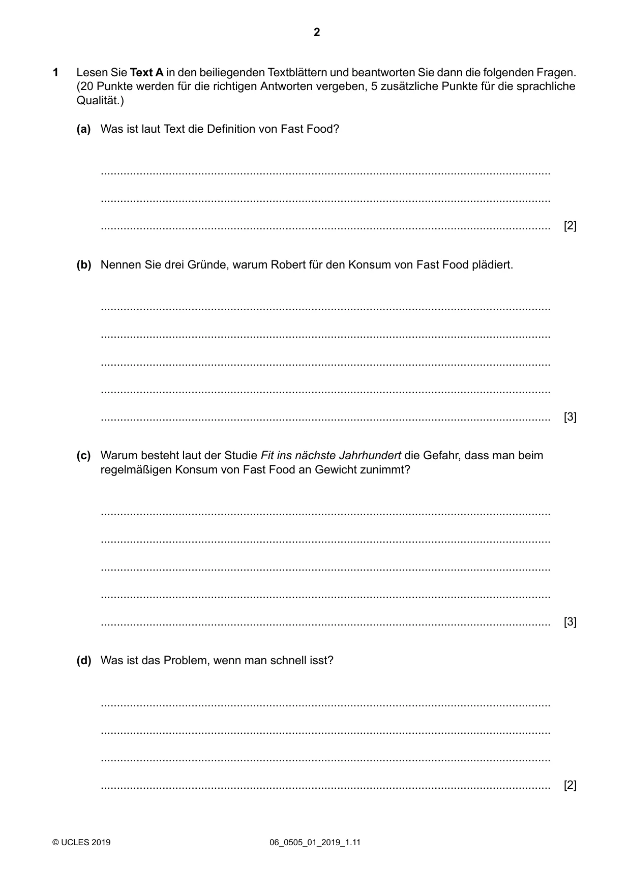 Cambridge IGCSE German - First Language 0505 2019 May/June Paper 1 · Variant 1 question paper, page 2 of 8