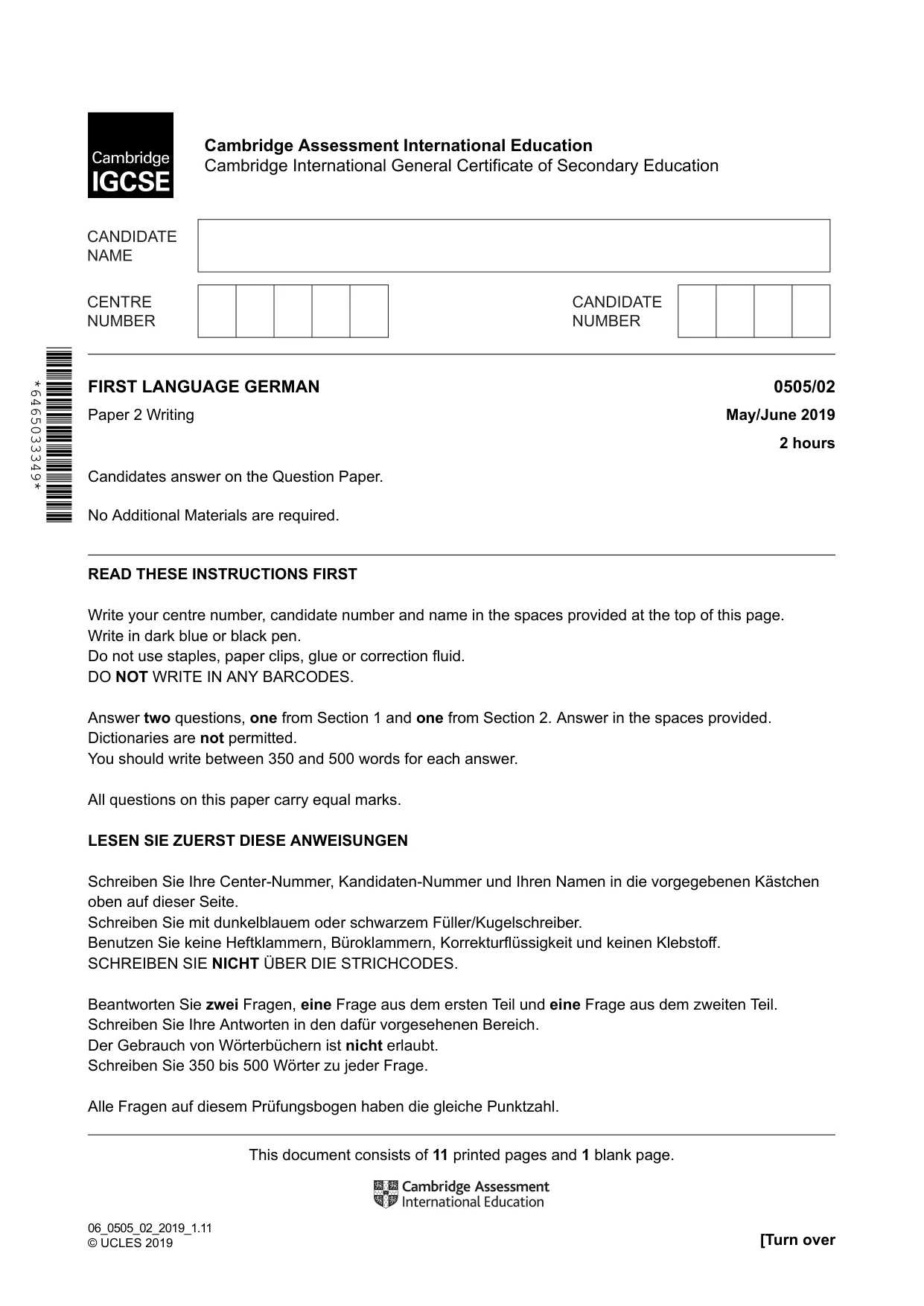 Cambridge IGCSE German - First Language 0505 2019 May/June Paper 2 · Variant 1 question paper, page 1 of 12