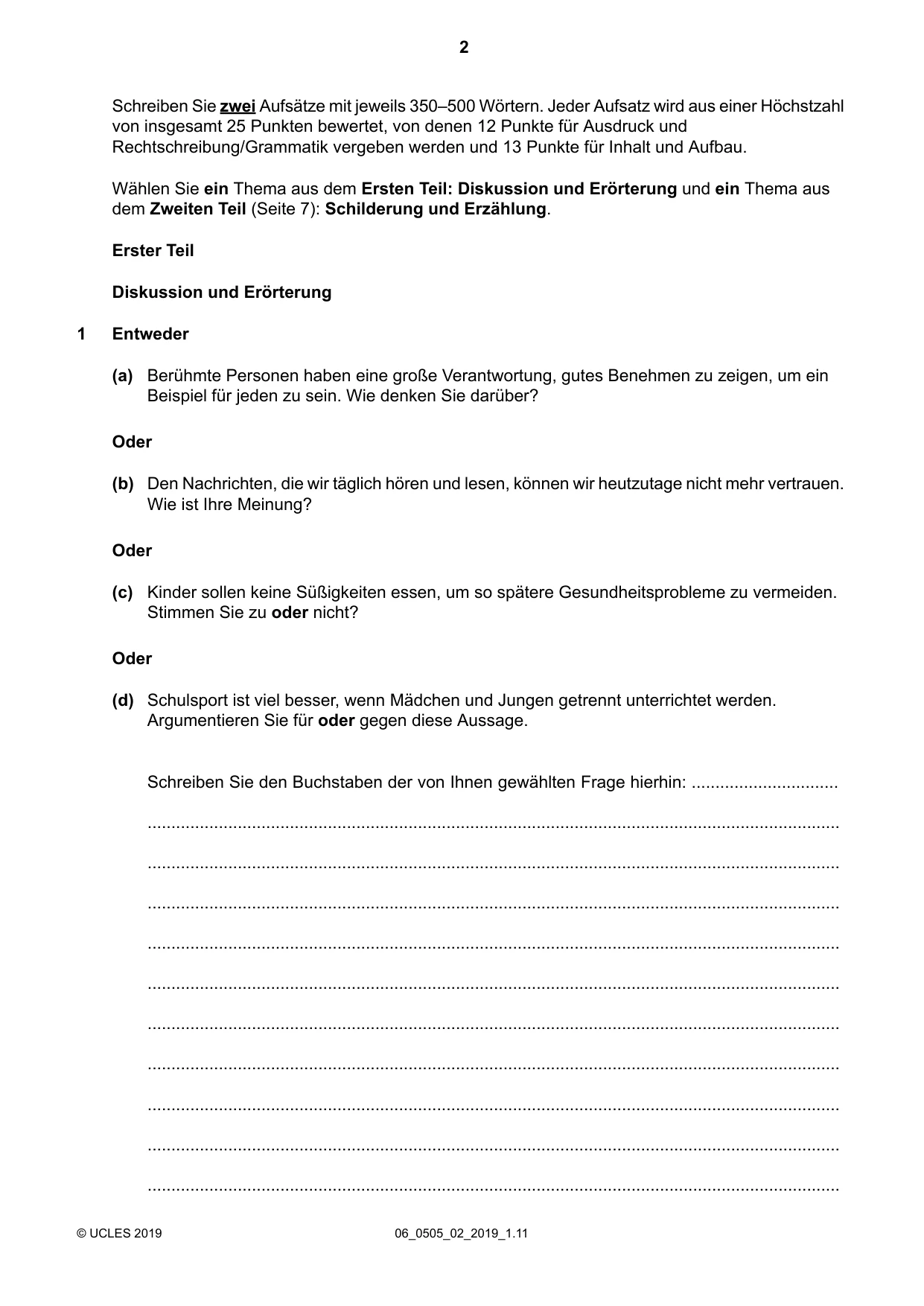 Cambridge IGCSE German - First Language 0505 2019 May/June Paper 2 · Variant 1 question paper, page 2 of 12