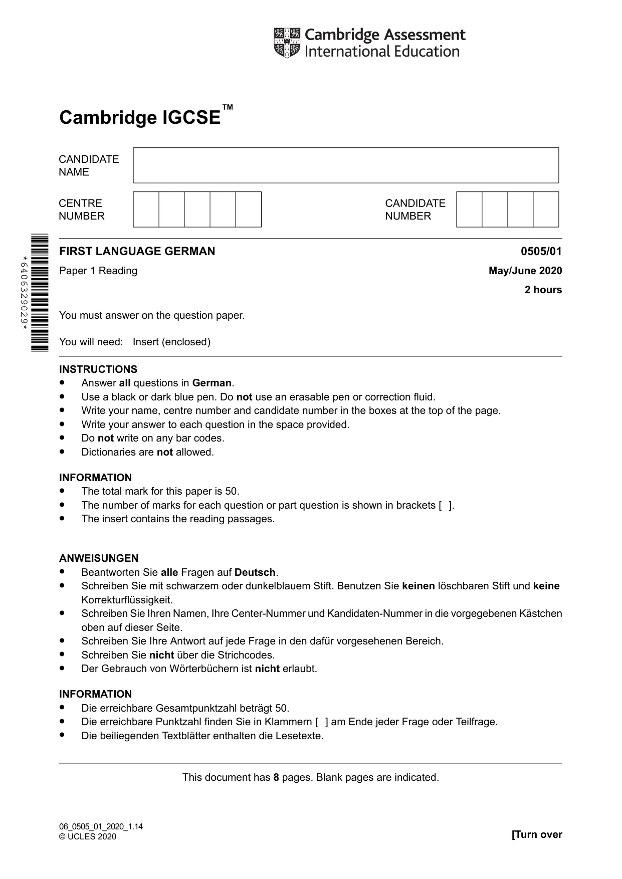 Cambridge IGCSE German - First Language 0505 2020 May/June Paper 1 · Variant 0 question paper, page 1 of 8