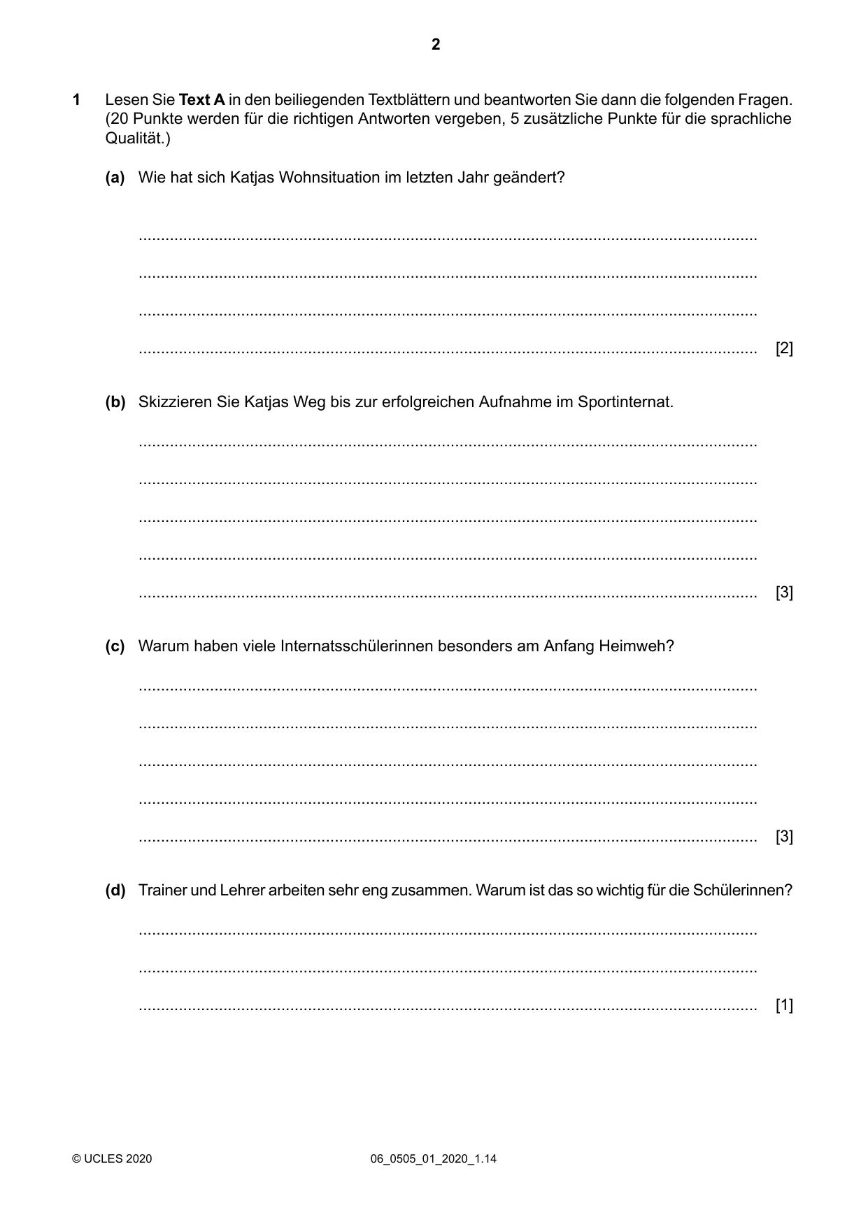 Cambridge IGCSE German - First Language 0505 2020 May/June Paper 1 · Variant 0 question paper, page 2 of 8