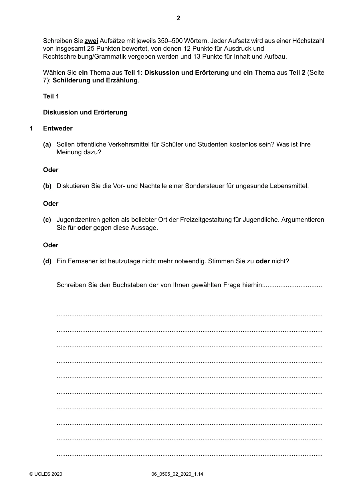 Cambridge IGCSE German - First Language 0505 2020 May/June Paper 2 · Variant 0 question paper, page 2 of 12
