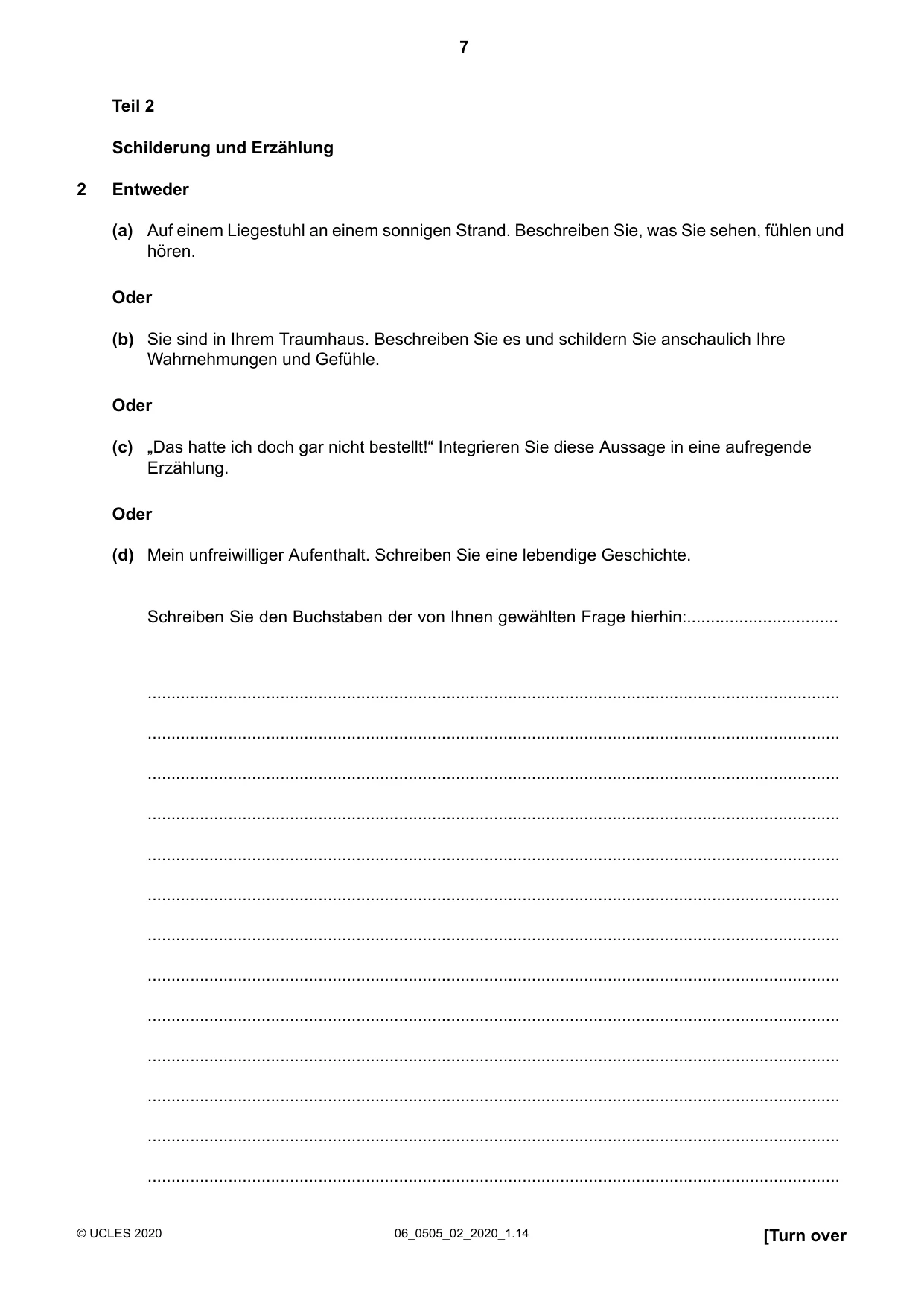 Cambridge IGCSE German - First Language 0505 2020 May/June Paper 2 · Variant 0 question paper, page 7 of 12