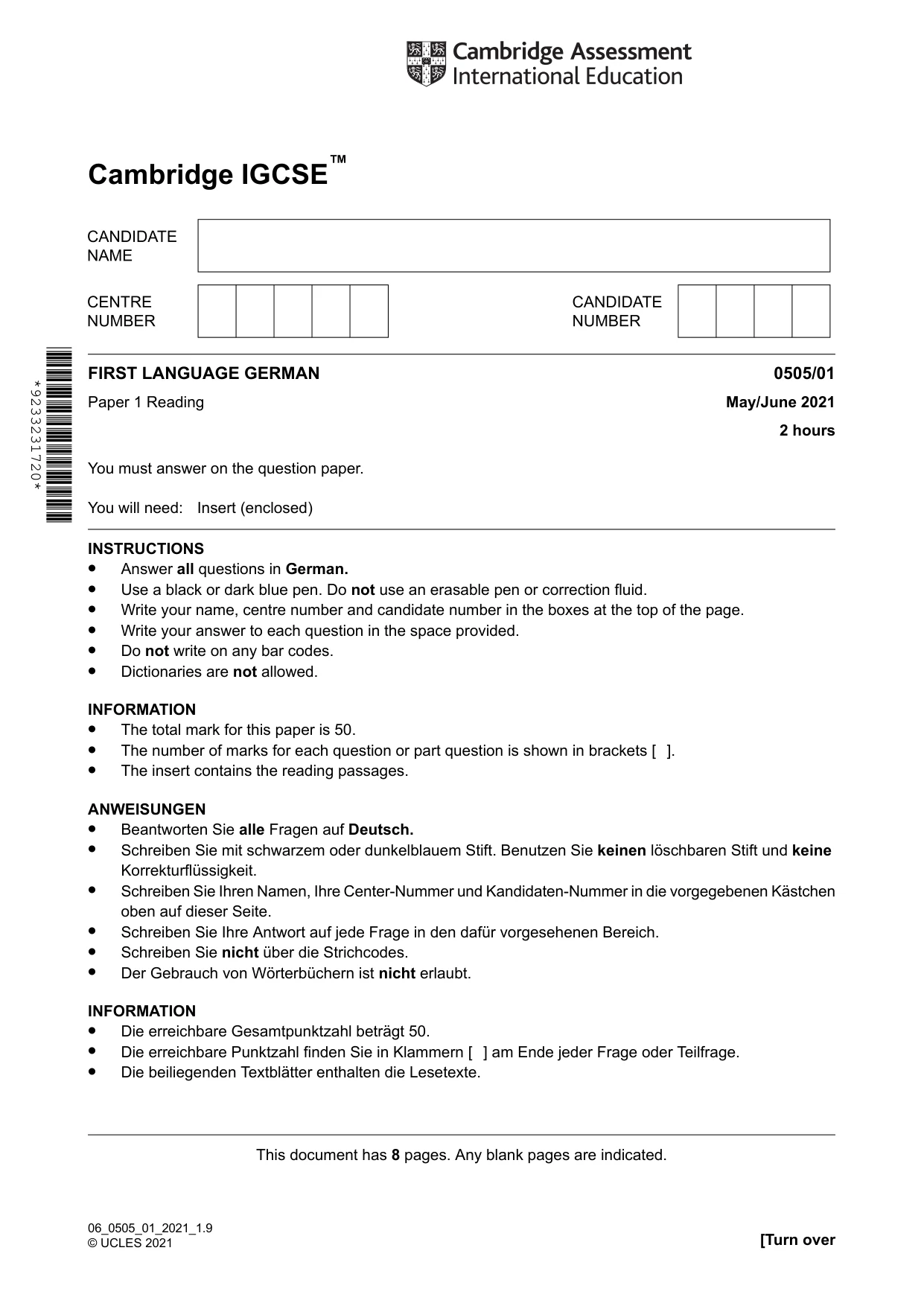Cambridge IGCSE German - First Language 0505 2021 May/June Paper 1 · Variant 0 question paper, page 1 of 8