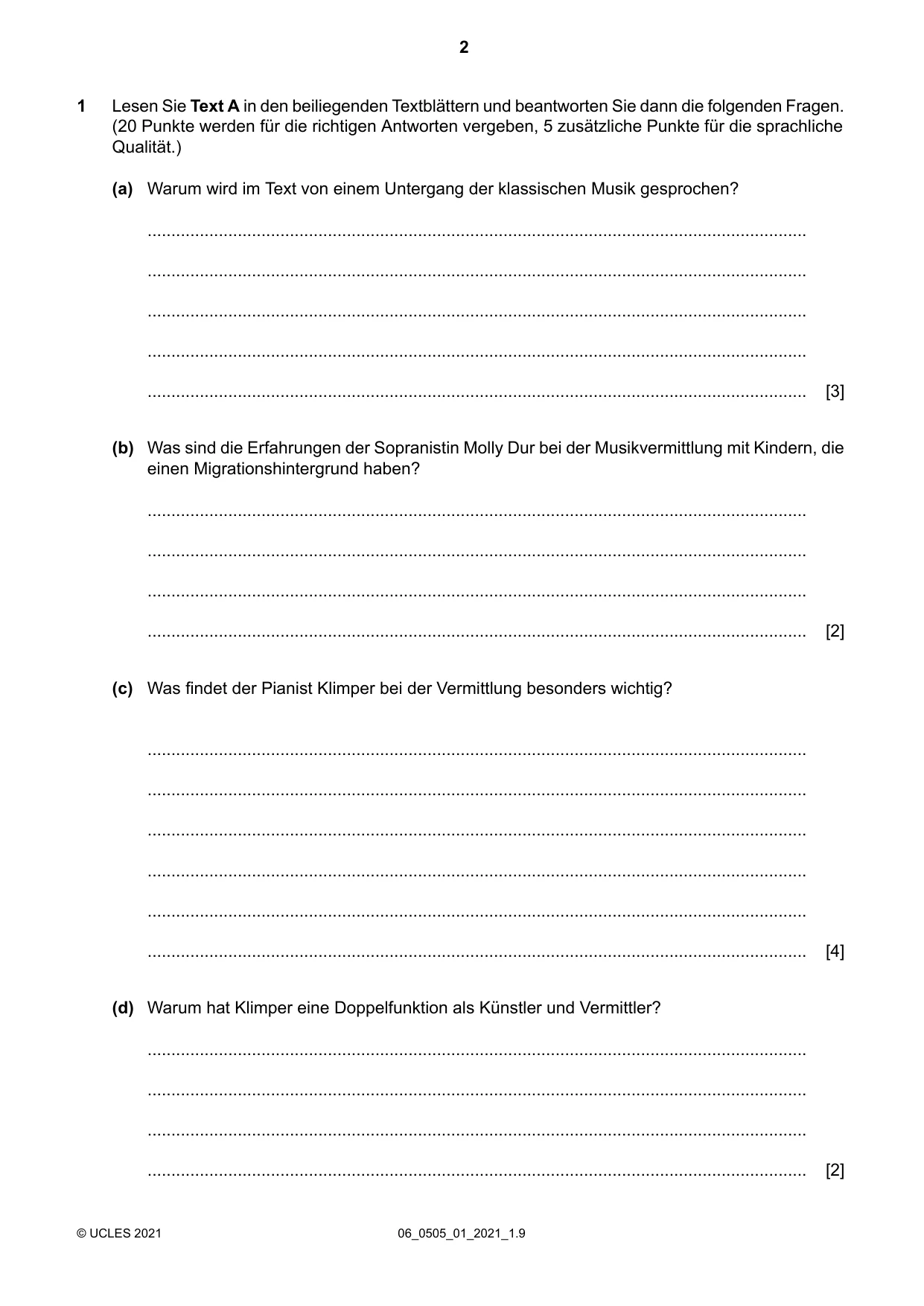 Cambridge IGCSE German - First Language 0505 2021 May/June Paper 1 · Variant 0 question paper, page 2 of 8