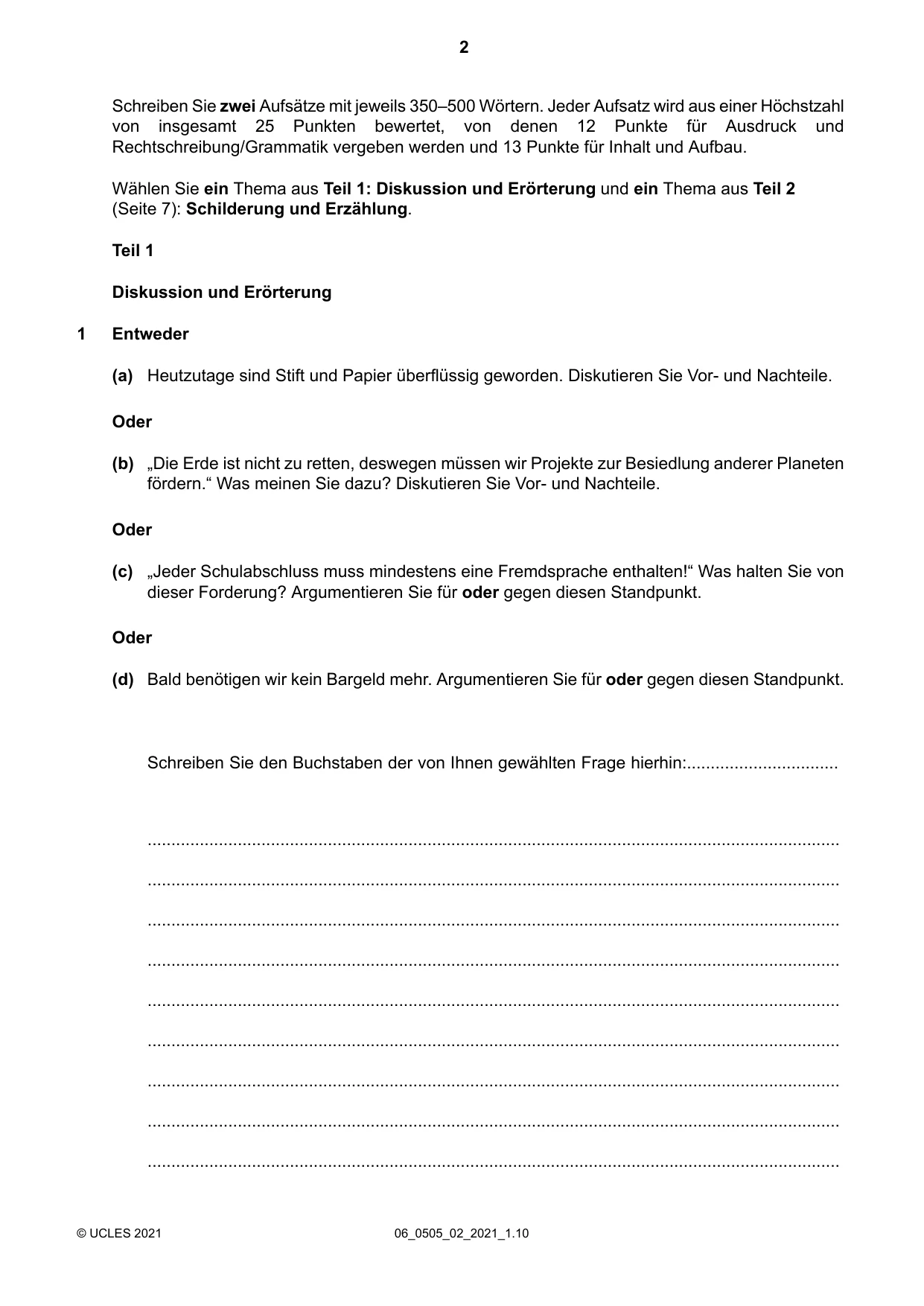 Cambridge IGCSE German - First Language 0505 2021 May/June Paper 2 · Variant 0 question paper, page 2 of 12