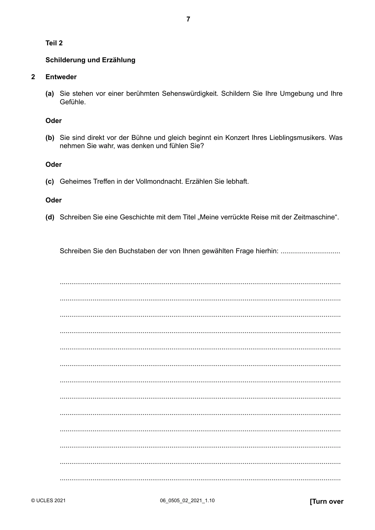 Cambridge IGCSE German - First Language 0505 2021 May/June Paper 2 · Variant 0 question paper, page 7 of 12