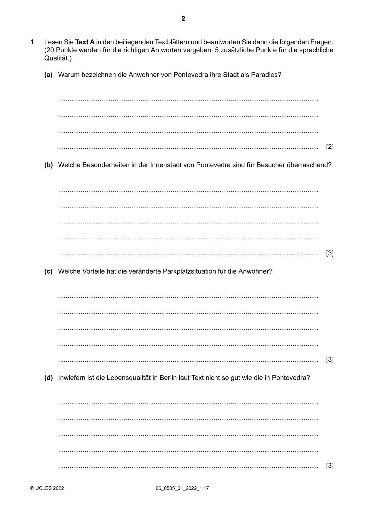 Cambridge IGCSE German - First Language 0505 2022 May/June Paper 1 · Variant 0 question paper, page 2 of 8