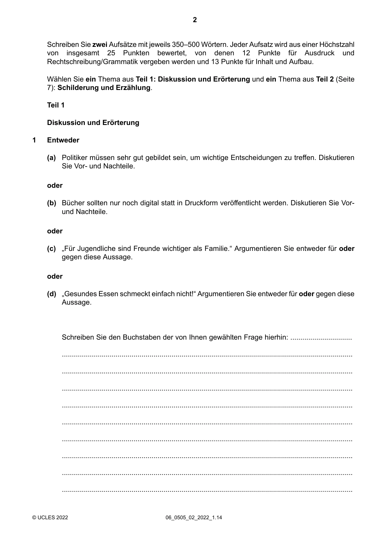 Cambridge IGCSE German - First Language 0505 2022 May/June Paper 2 · Variant 0 question paper, page 2 of 12
