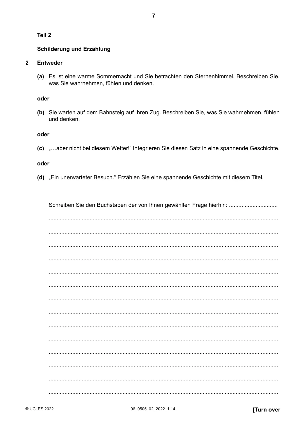 Cambridge IGCSE German - First Language 0505 2022 May/June Paper 2 · Variant 0 question paper, page 7 of 12