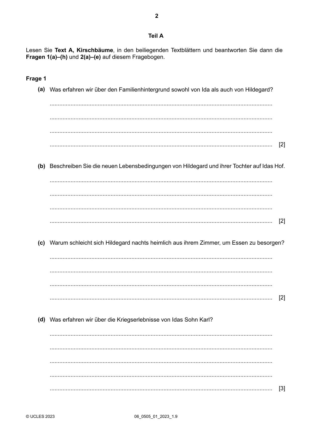 Cambridge IGCSE German - First Language 0505 2023 May/June Paper 1 · Variant 0 question paper, page 2 of 8