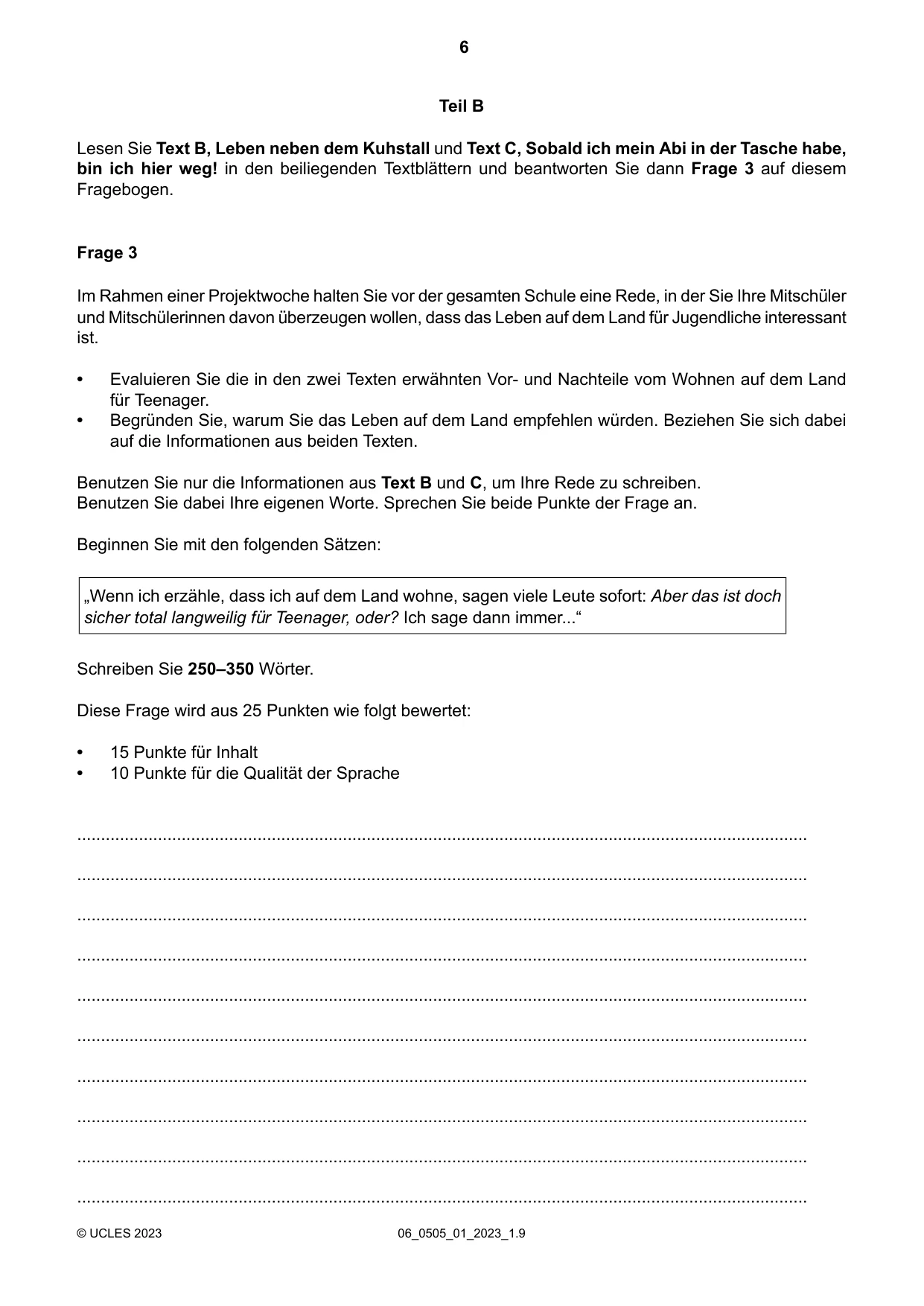 Cambridge IGCSE German - First Language 0505 2023 May/June Paper 1 · Variant 0 question paper, page 6 of 8