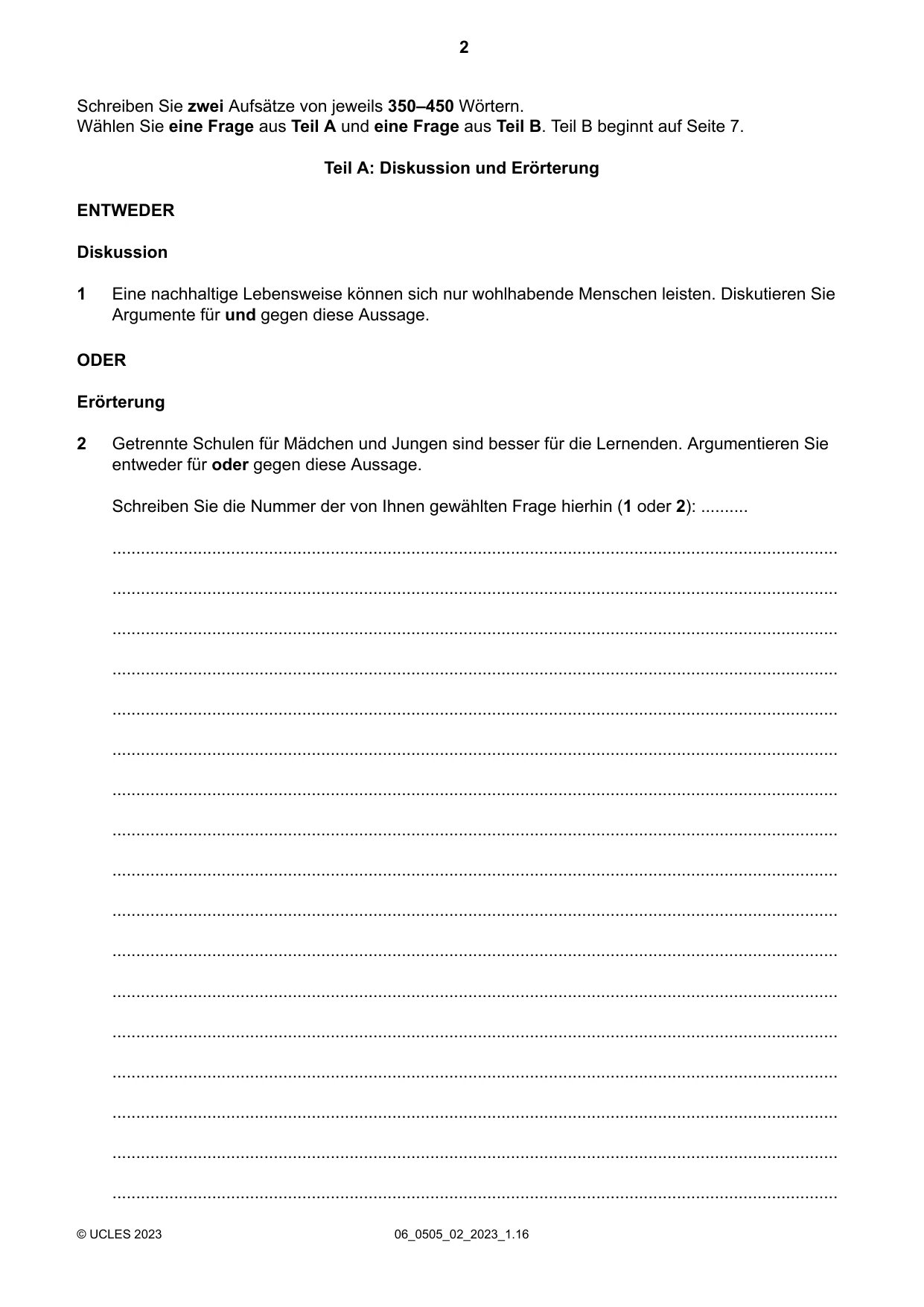 Cambridge IGCSE German - First Language 0505 2023 May/June Paper 2 · Variant 0 question paper, page 2 of 12