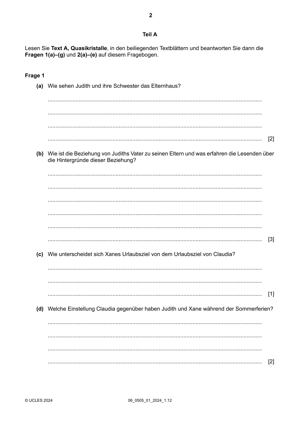 Cambridge IGCSE German - First Language 0505 2024 May/June Paper 1 · Variant 0 question paper, page 2 of 8