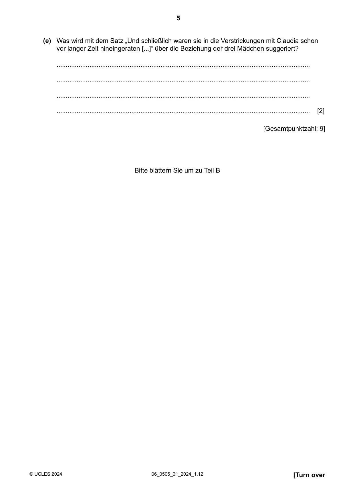 Cambridge IGCSE German - First Language 0505 2024 May/June Paper 1 · Variant 0 question paper, page 5 of 8
