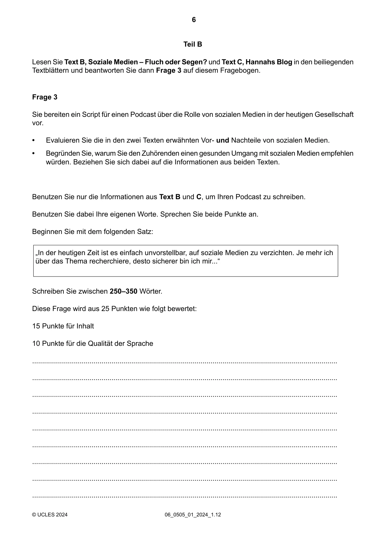 Cambridge IGCSE German - First Language 0505 2024 May/June Paper 1 · Variant 0 question paper, page 6 of 8