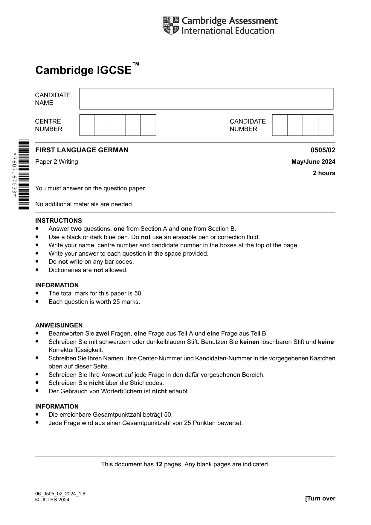 Cambridge IGCSE German - First Language 0505 2024 May/June Paper 2 · Variant 0 question paper, page 1 of 12