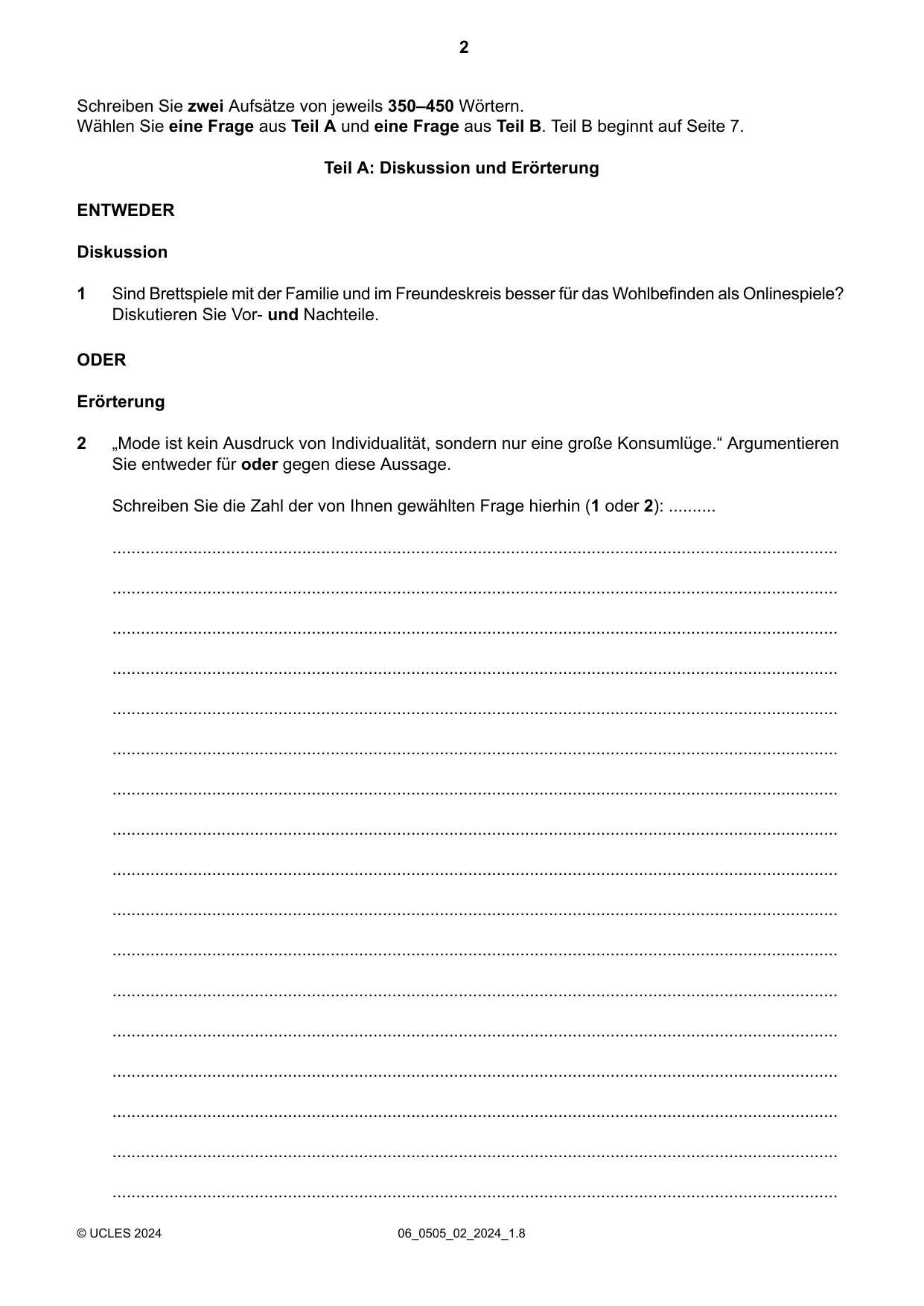 Cambridge IGCSE German - First Language 0505 2024 May/June Paper 2 · Variant 0 question paper, page 2 of 12
