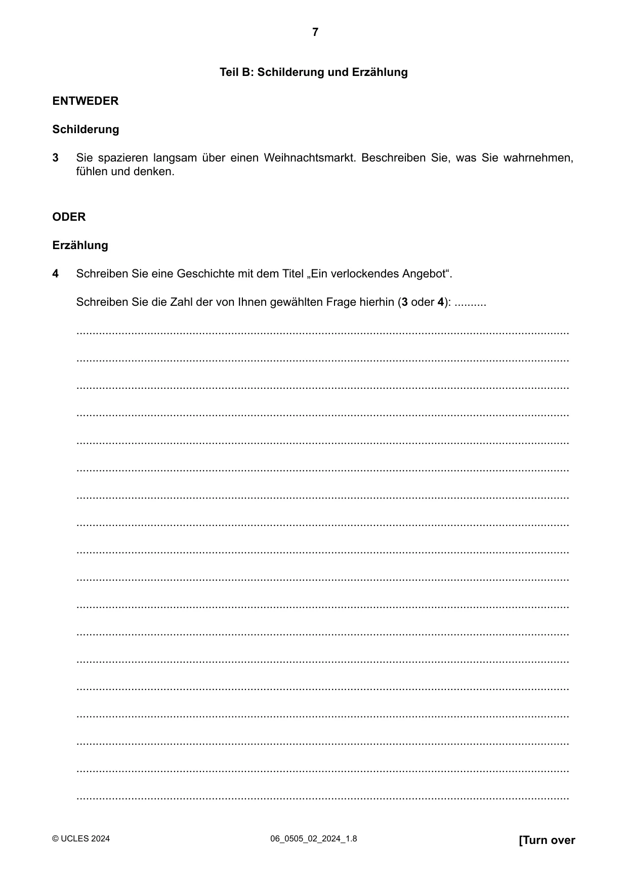 Cambridge IGCSE German - First Language 0505 2024 May/June Paper 2 · Variant 0 question paper, page 7 of 12