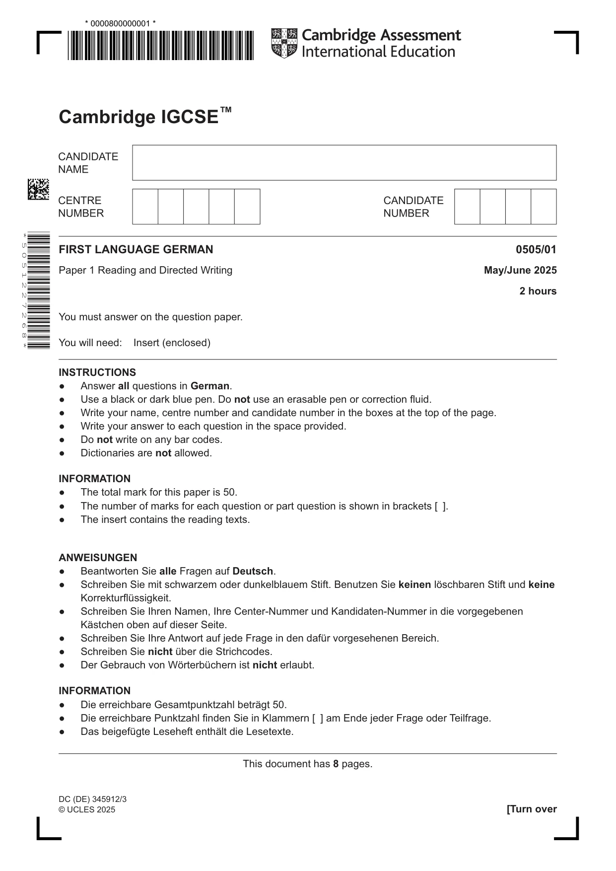 Cambridge IGCSE German - First Language 0505 2025 May/June Paper 1 · Variant 0 question paper, page 1 of 8