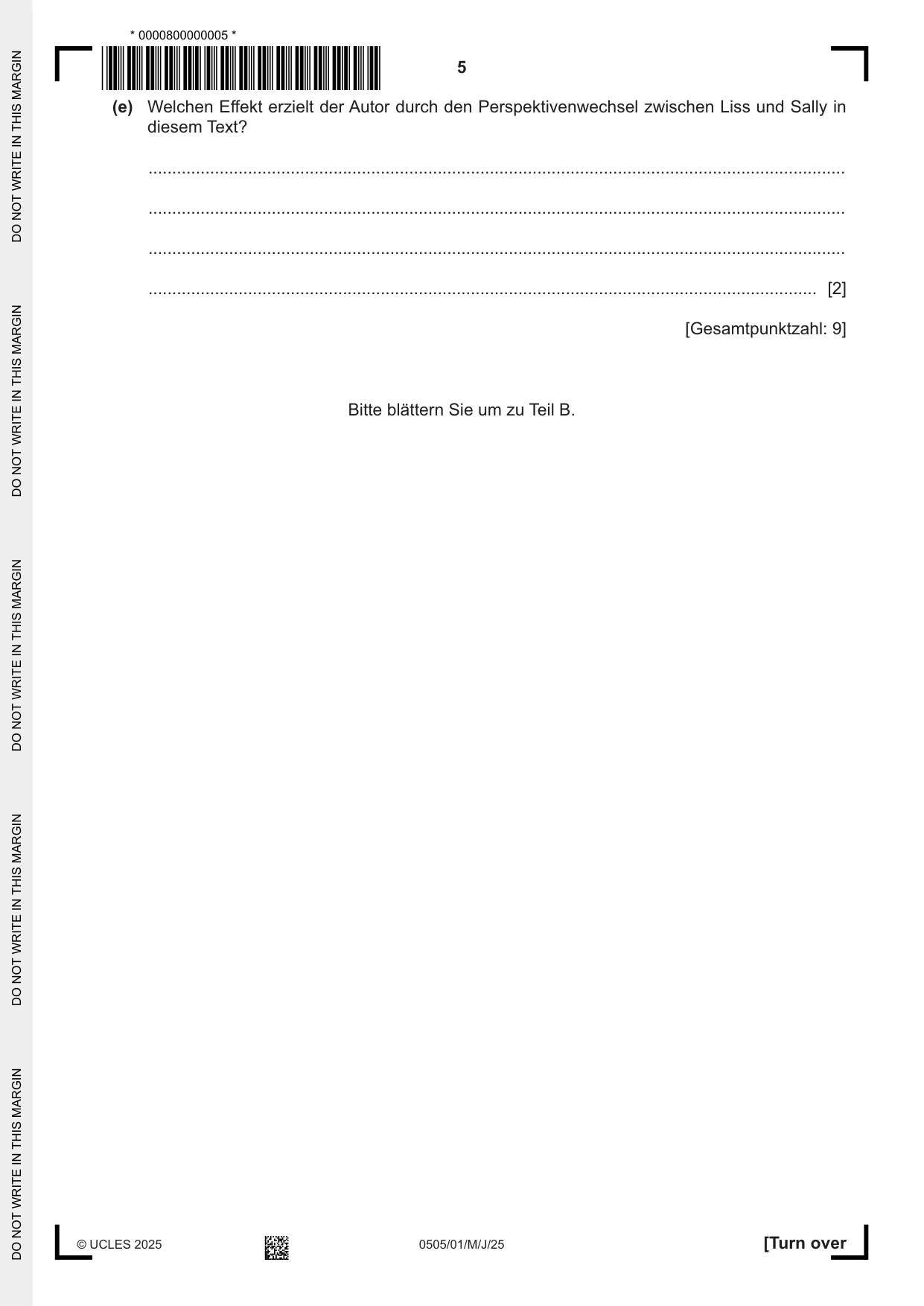 Cambridge IGCSE German - First Language 0505 2025 May/June Paper 1 · Variant 0 question paper, page 5 of 8