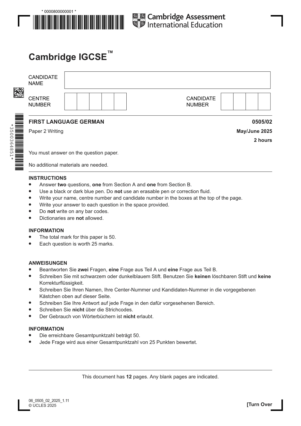 Cambridge IGCSE German - First Language 0505 2025 May/June Paper 2 · Variant 0 question paper, page 1 of 12