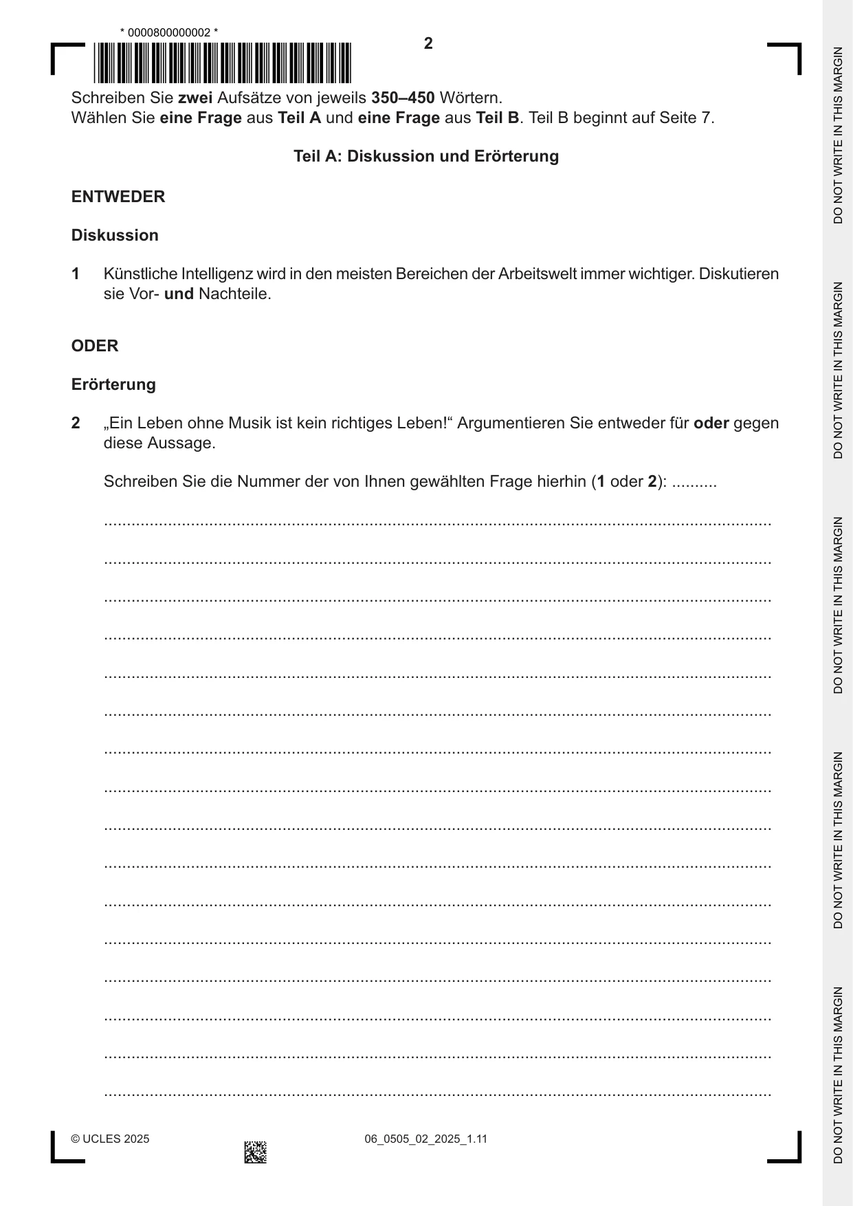 Cambridge IGCSE German - First Language 0505 2025 May/June Paper 2 · Variant 0 question paper, page 2 of 12