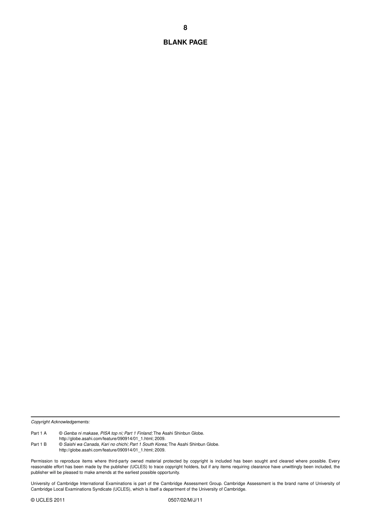 Cambridge IGCSE Japanese - First Language 0507 2011 May/June Paper 2 · Variant 1 question paper, page 8 of 8