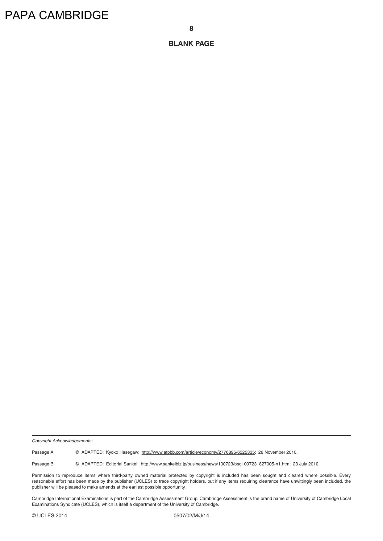 Cambridge IGCSE Japanese - First Language 0507 2014 May/June Paper 2 · Variant 0 question paper, page 8 of 8