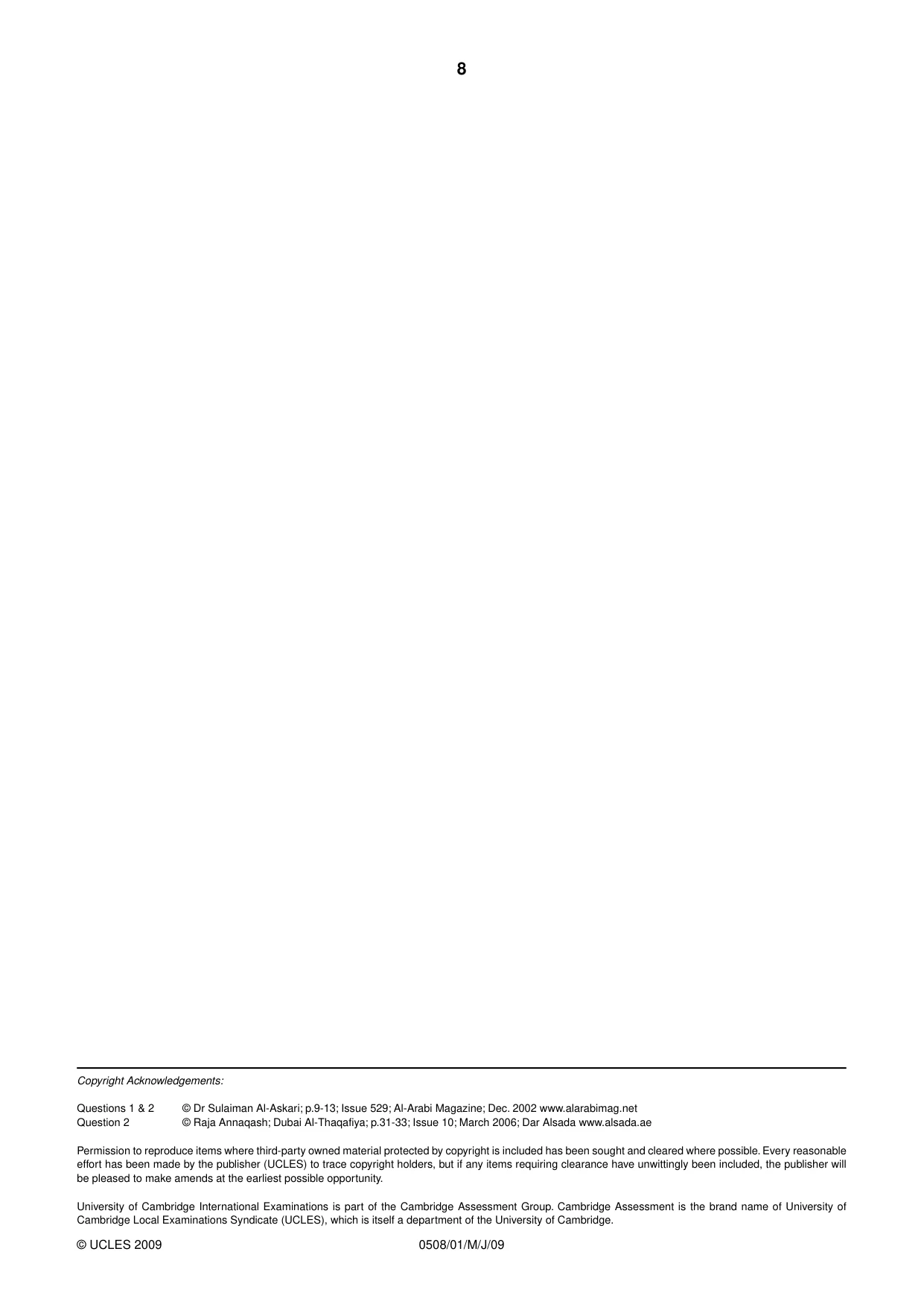 Cambridge IGCSE Arabic - First Language 0508 2009 May/June Paper 1 · Variant 1 question paper, page 8 of 8
