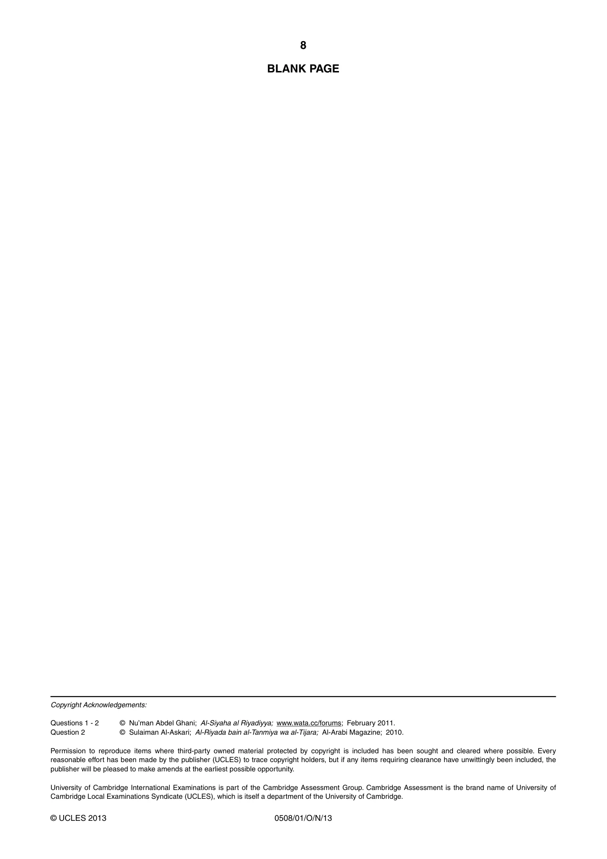 Cambridge IGCSE Arabic - First Language 0508 2013 Oct/Nov Paper 1 · Variant 1 question paper, page 8 of 8