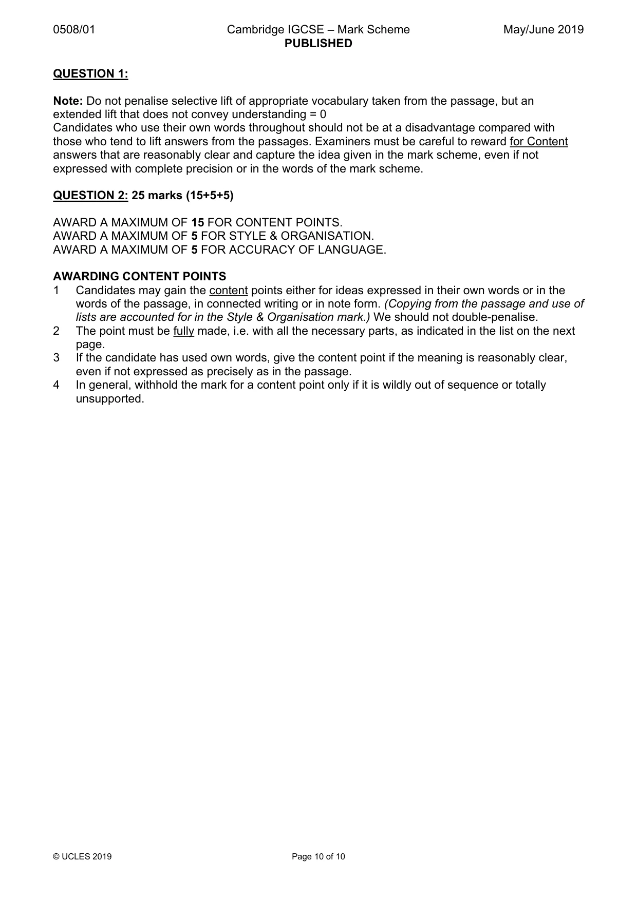 Mark scheme, page 10 of 10