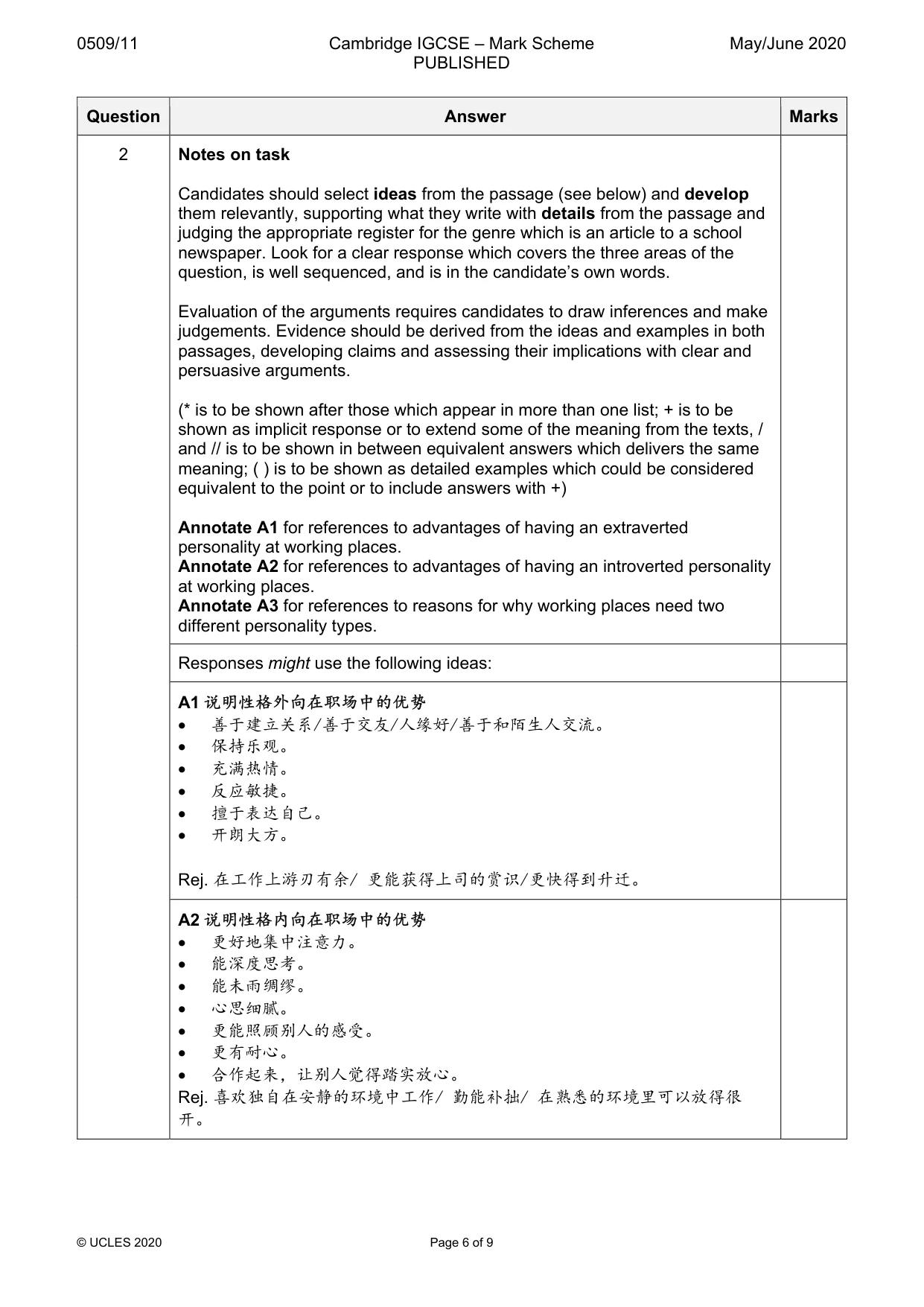 Mark scheme, page 6 of 9