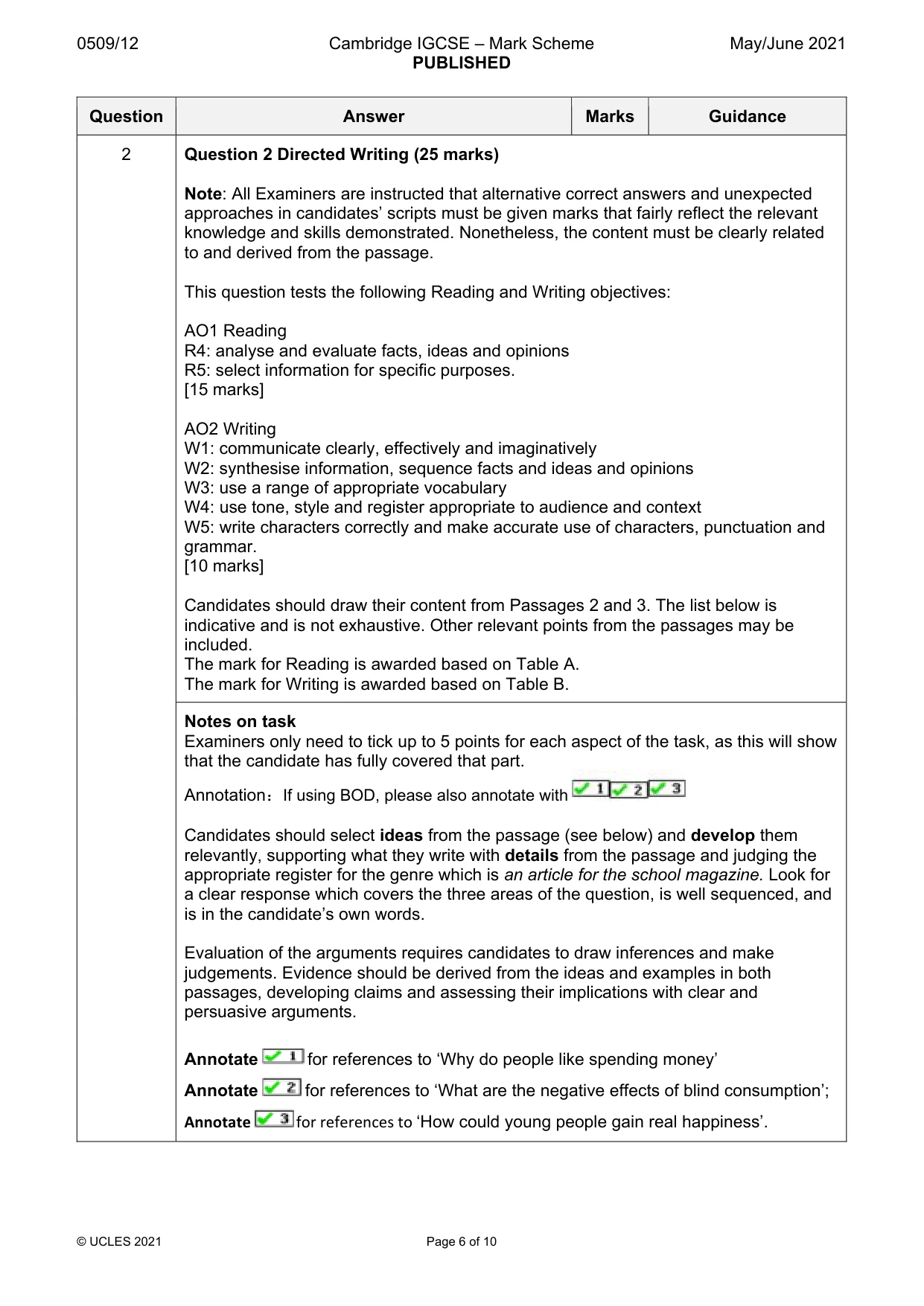 Mark scheme, page 6 of 10