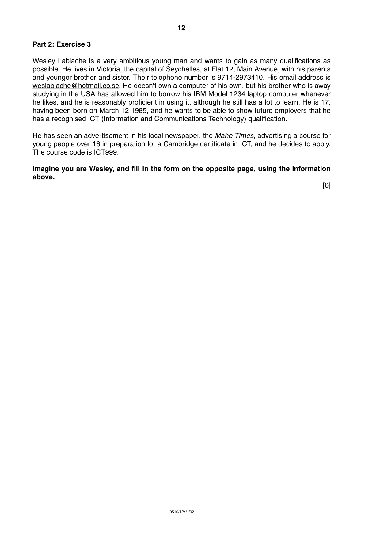 Cambridge IGCSE English - Second Language (oral endorsement) 0510 2002 May/June Paper 1 · Variant 1 question paper, page 12 of 20