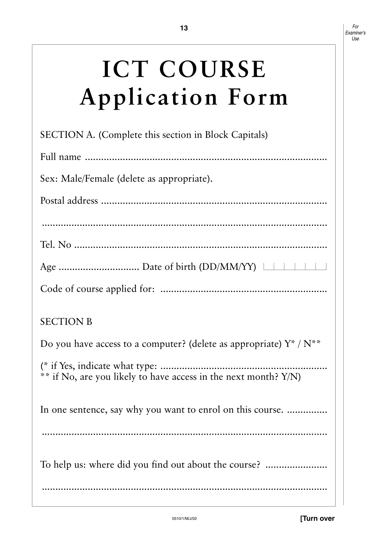 Cambridge IGCSE English - Second Language (oral endorsement) 0510 2002 May/June Paper 1 · Variant 1 question paper, page 13 of 20