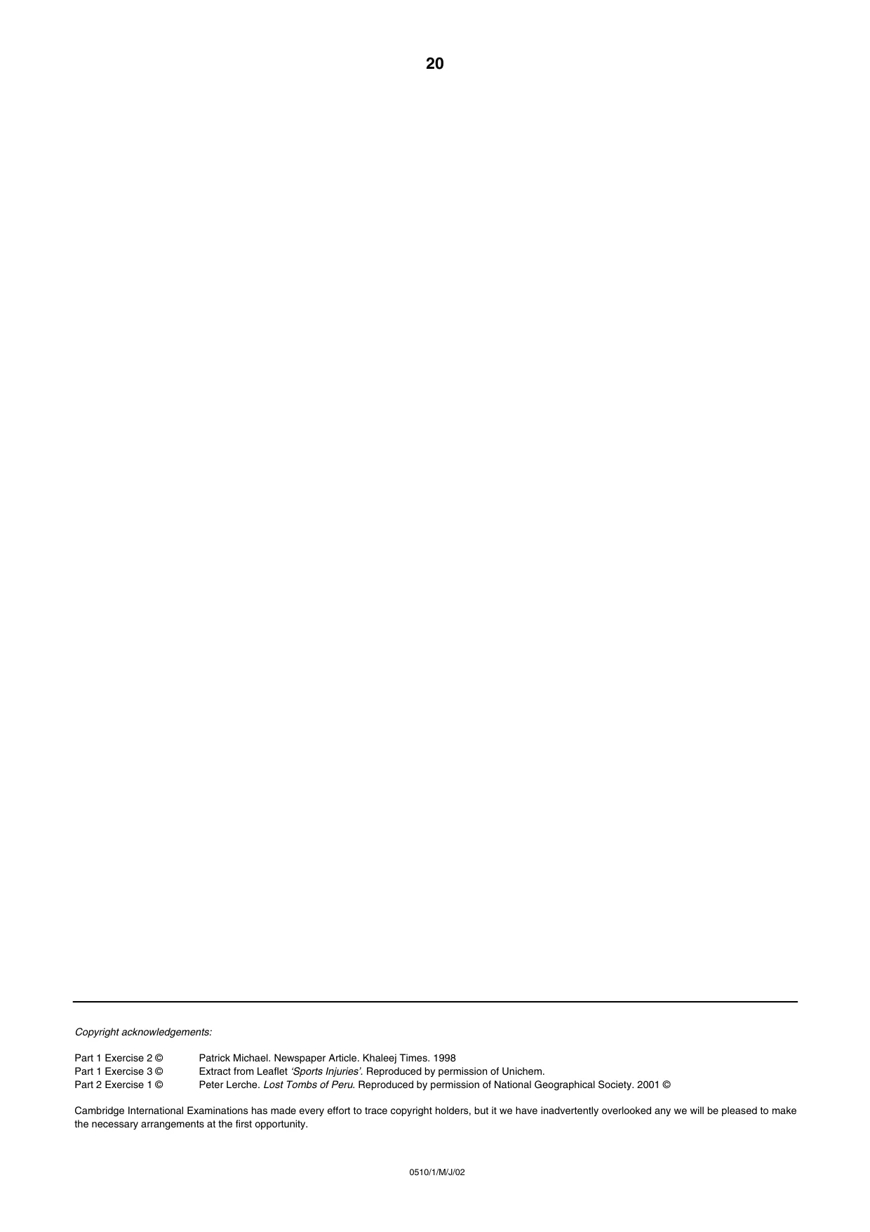 Cambridge IGCSE English - Second Language (oral endorsement) 0510 2002 May/June Paper 1 · Variant 1 question paper, page 20 of 20