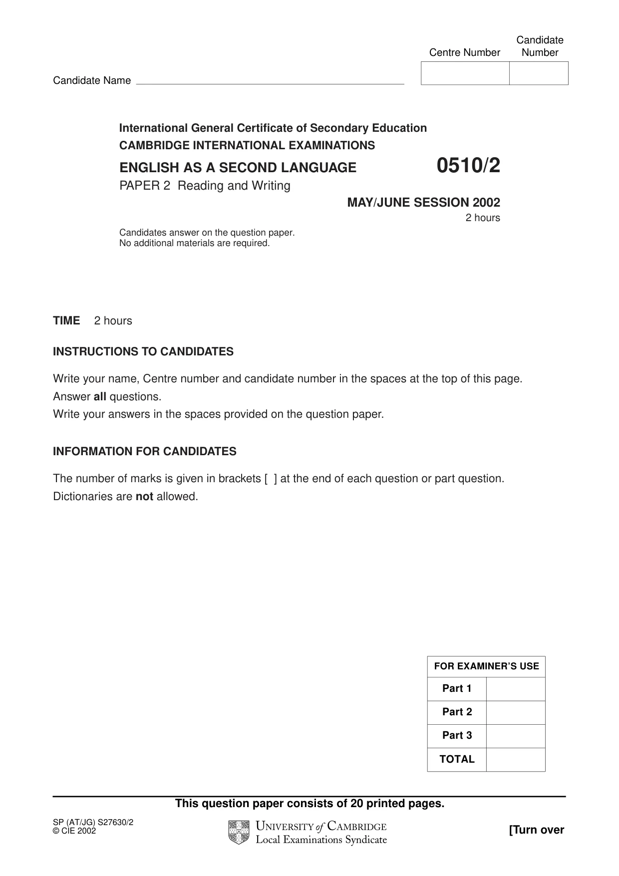 Cambridge IGCSE English - Second Language (oral endorsement) 0510 2002 May/June Paper 2 · Variant 1 question paper, page 1 of 20