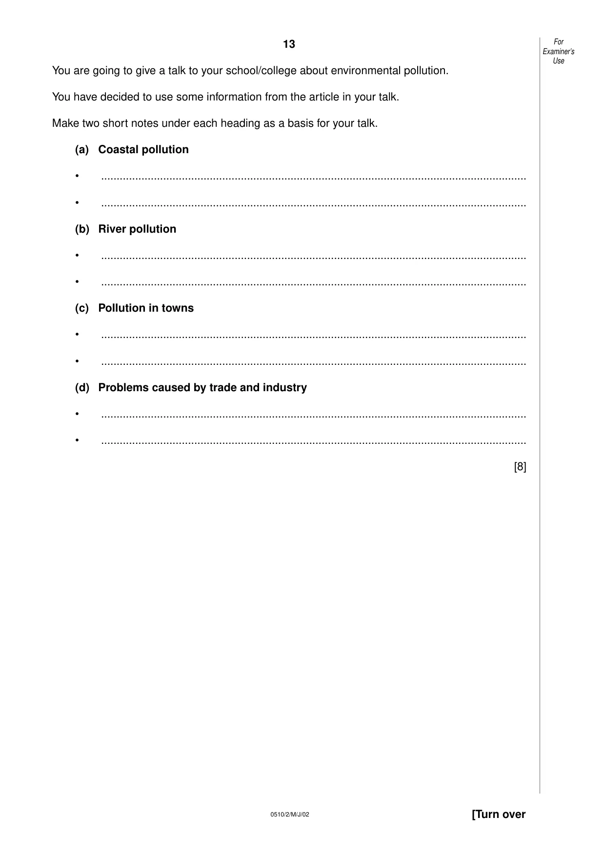 Cambridge IGCSE English - Second Language (oral endorsement) 0510 2002 May/June Paper 2 · Variant 1 question paper, page 13 of 20