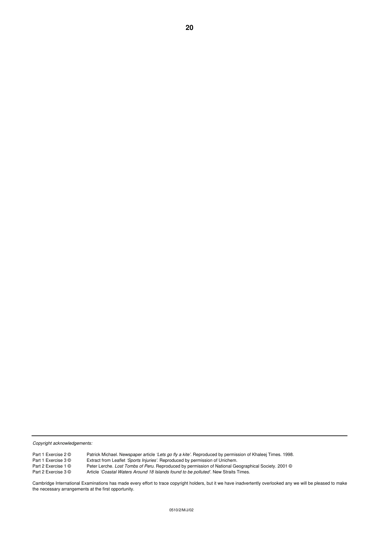 Cambridge IGCSE English - Second Language (oral endorsement) 0510 2002 May/June Paper 2 · Variant 1 question paper, page 20 of 20