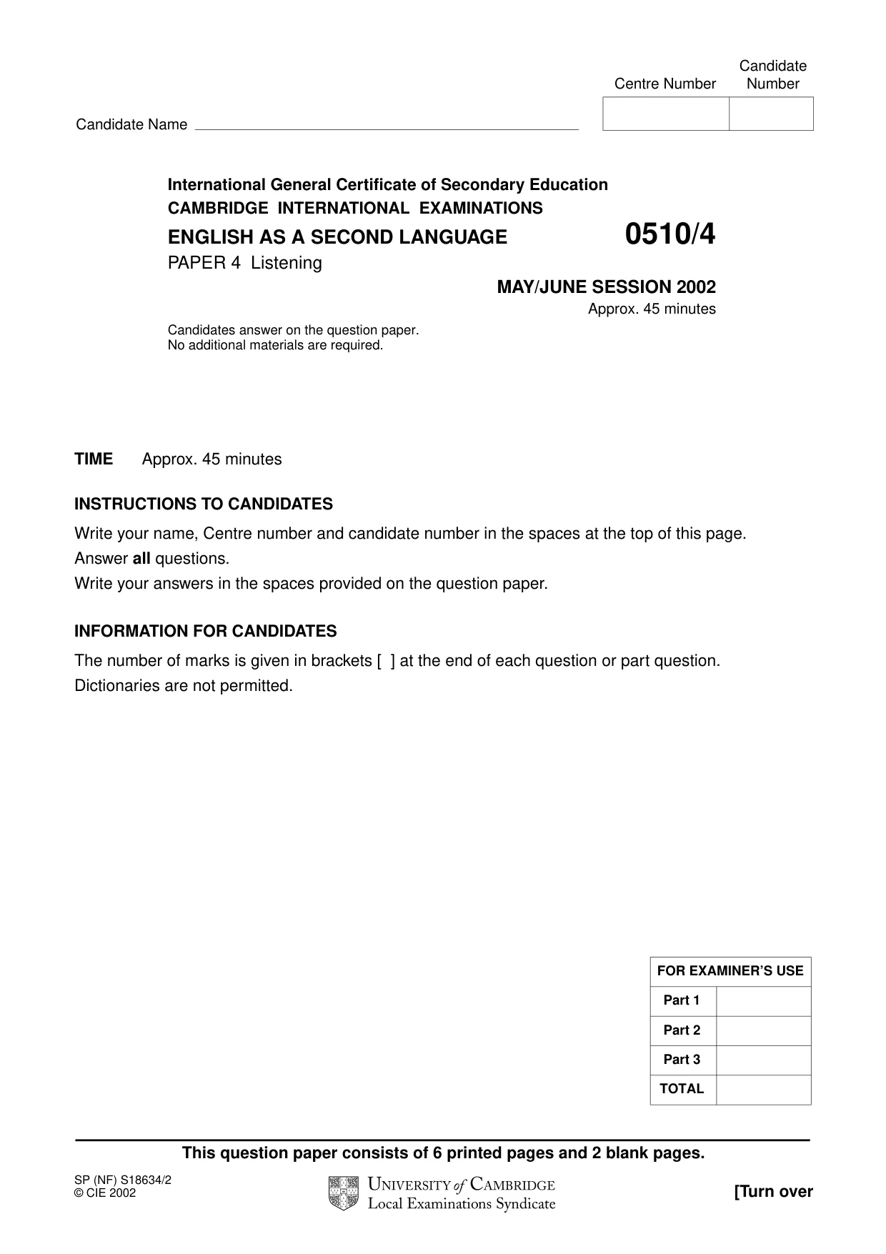 Cambridge IGCSE English - Second Language (oral endorsement) 0510 2002 May/June Paper 4 · Variant 1 question paper, page 1 of 8