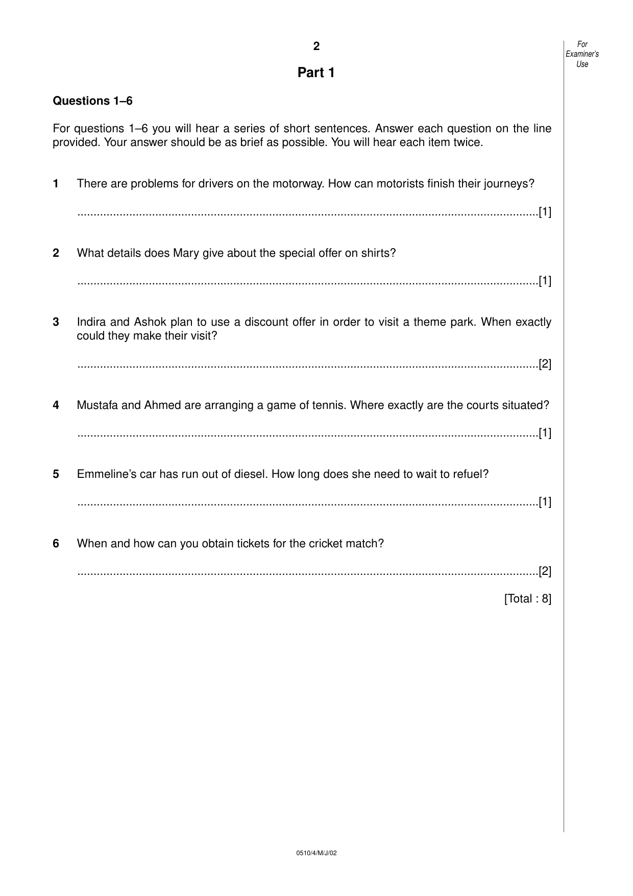 Cambridge IGCSE English - Second Language (oral endorsement) 0510 2002 May/June Paper 4 · Variant 1 question paper, page 2 of 8
