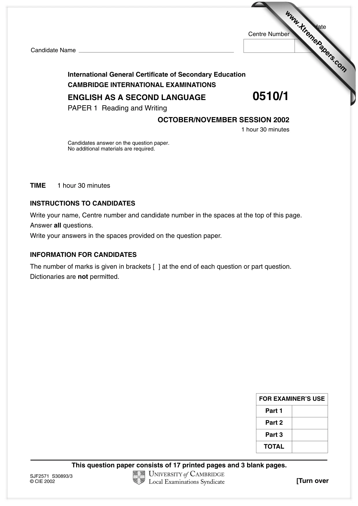 Cambridge IGCSE English - Second Language (oral endorsement) 0510 2002 Oct/Nov Paper 1 · Variant 1 question paper, page 1 of 20