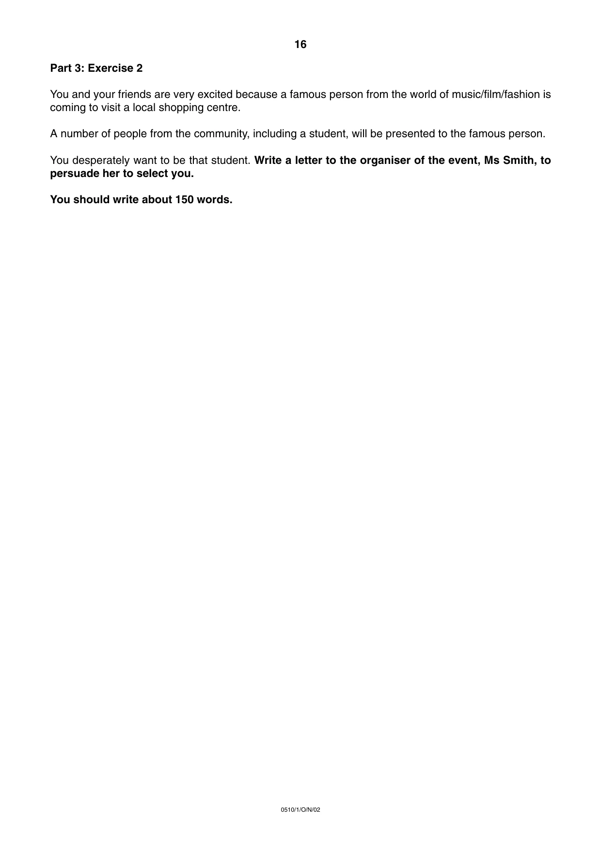 Cambridge IGCSE English - Second Language (oral endorsement) 0510 2002 Oct/Nov Paper 1 · Variant 1 question paper, page 16 of 20