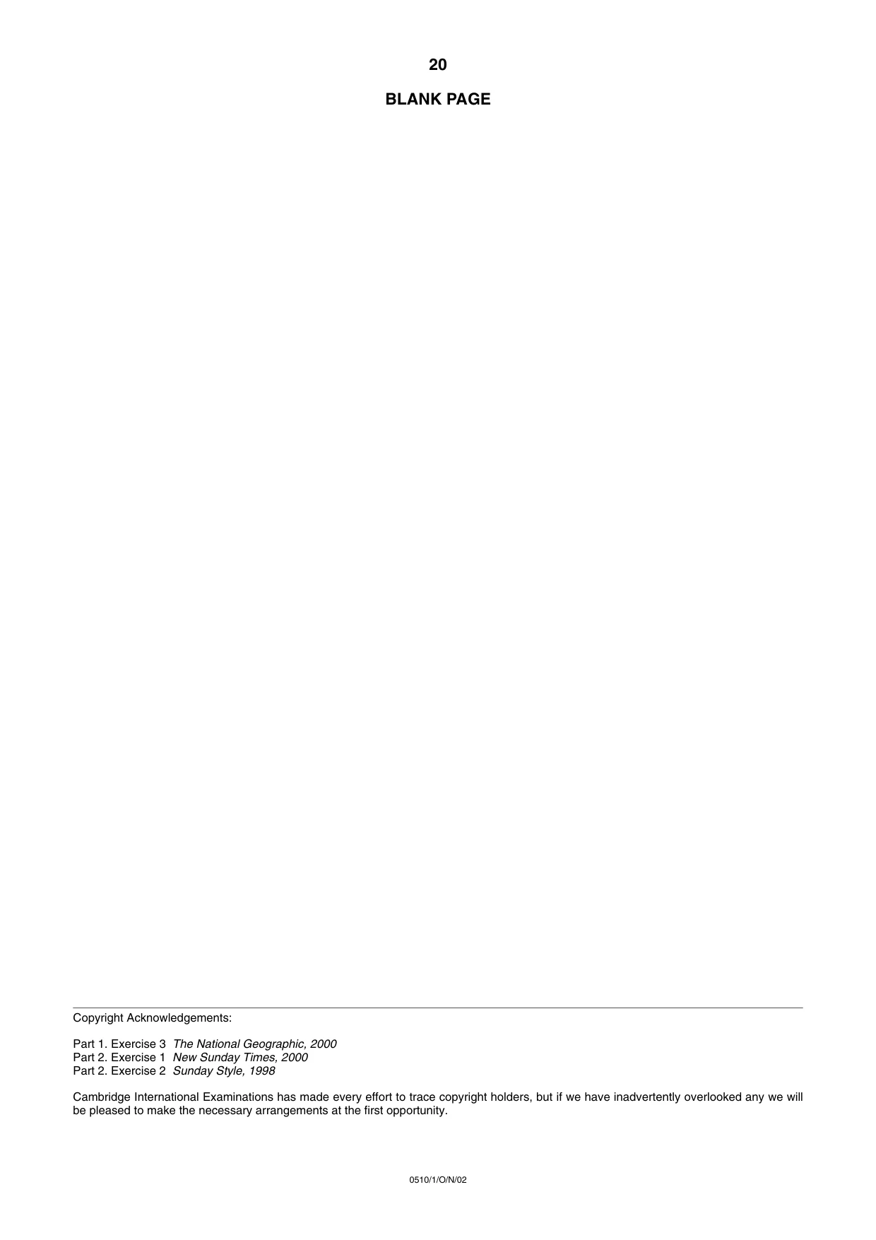 Cambridge IGCSE English - Second Language (oral endorsement) 0510 2002 Oct/Nov Paper 1 · Variant 1 question paper, page 20 of 20