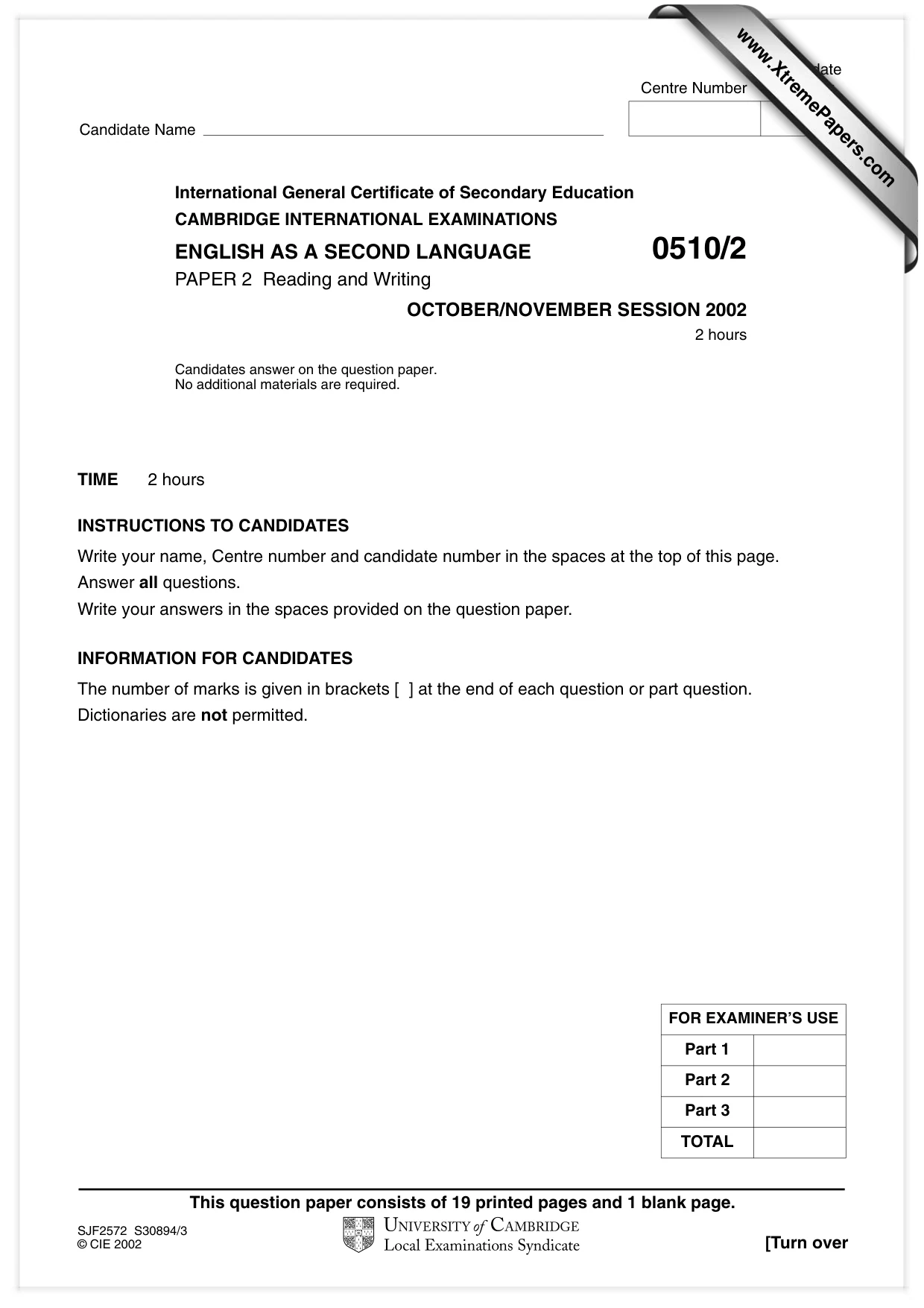 Cambridge IGCSE English - Second Language (oral endorsement) 0510 2002 Oct/Nov Paper 2 · Variant 1 question paper, page 1 of 20